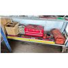 Image 1 : SHELF OF ASSORTED ITEMS INCLUDING; LEVELS, TOOLBOX WITH CONTENTS, DRILLS & MORE
