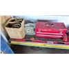 Image 2 : SHELF OF ASSORTED ITEMS INCLUDING; LEVELS, TOOLBOX WITH CONTENTS, DRILLS & MORE