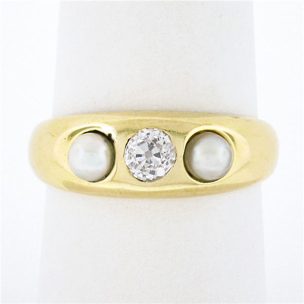 Antique 14k Yellow Gold 0.28 ctw European Diamond w/ 3.9mm Pearl Accents Band Ri