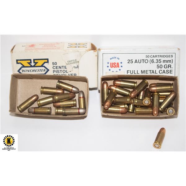 2 PARTIAL BOXES 25 AUTO (6.35MM) WINCHESTER