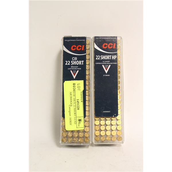 2 BOXES OF 100 X 22 SHORT LEAD NOSE CARTRIDGES