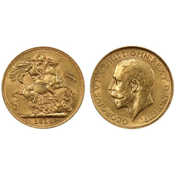 1914-C Gold Sovereign PCGS Choice About Uncirculated-58.  A better date.