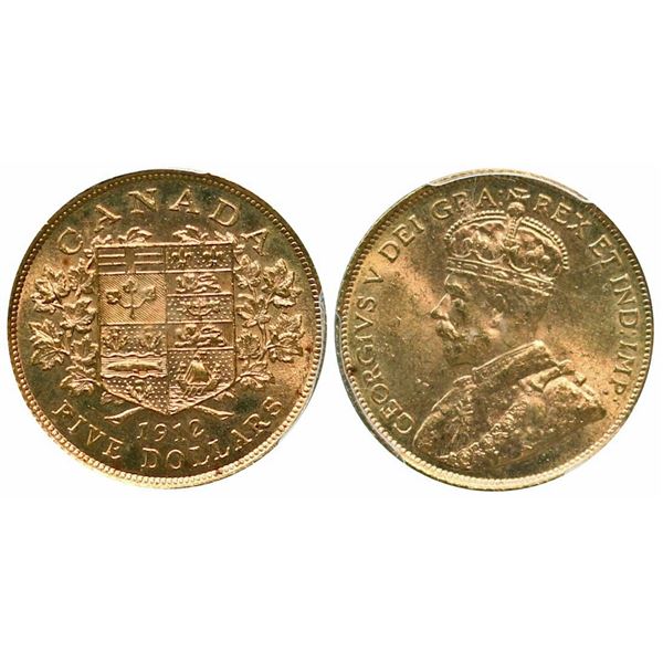 1912 $5 Gold PCGS Choice Mint State-64.  Lustrous issue from the Canadian Gold Reserve.