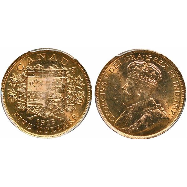 1913 $5 Gold PCGS Choice Mint State-63+.  Lustrous issue from the Canadian Gold Reserve.