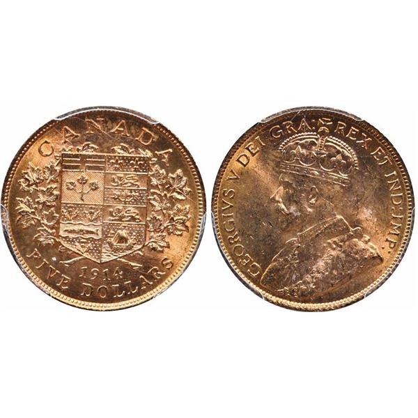 1914 $5 Gold PCGS Choice Mint State-63+.  Lustrous issue from the Canadian Gold Reserve.