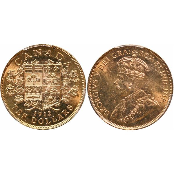 1912 $10 Gold PCGS Choice Mint State-63.  Lustrous issue from the Canadian Gold Reserve.