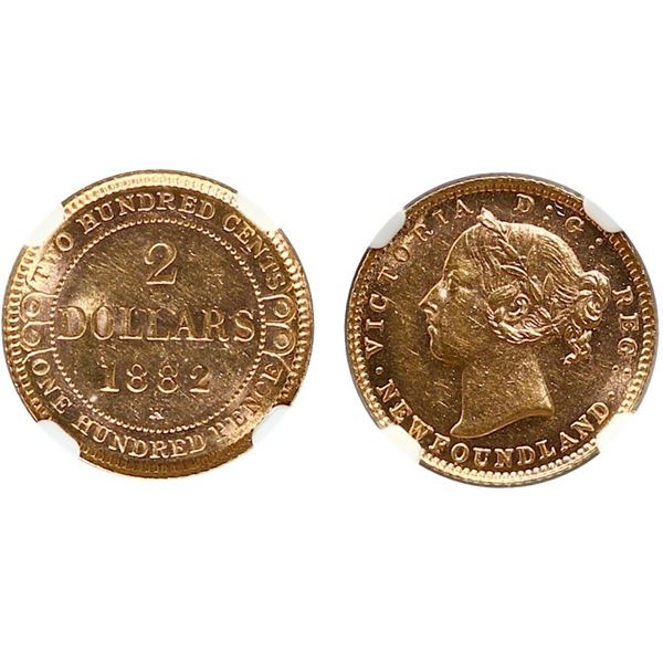 Nfld $2 Gold 1882H NGC Choice Mint State-62 Brilliant and lustrous.