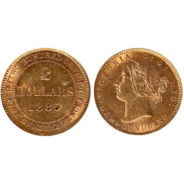 Nfld 1885 $2 Gold ICCS Mint State-60 A very nice and lustrous coin.