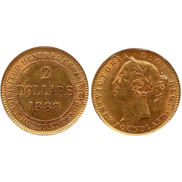 Nfld 1888 $2 Gold "Obv.3" ICCS Choice About Uncirculated-58 HIghly lustrous for grade.