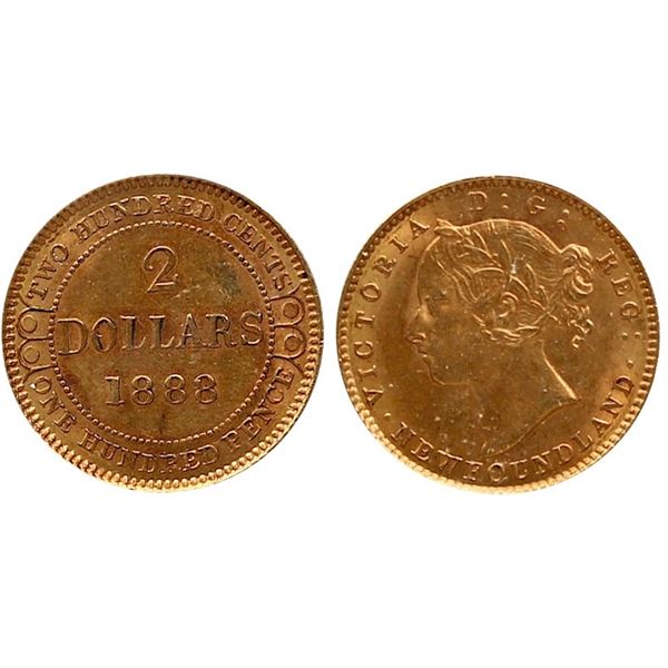 Nfld 1888 $2 Gold "Obv.3" ICCS Choice About Uncirculated-58 HIghly lustrous for grade.