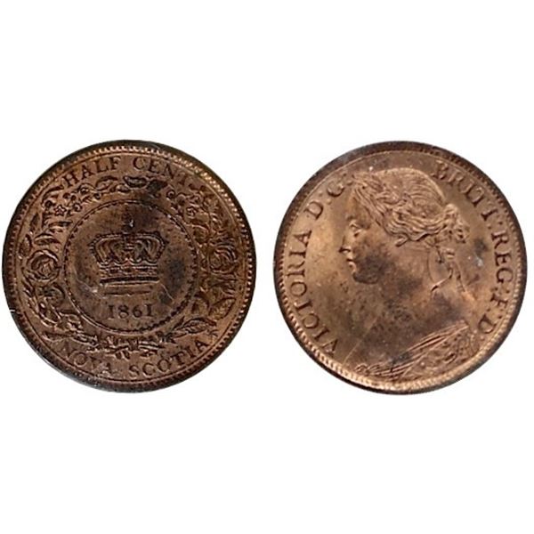 N.S. 1861 1/2¢ ICCS Gem Mint State-65RED.  A very scarce Victoria issue with lots of red lustre. Sel