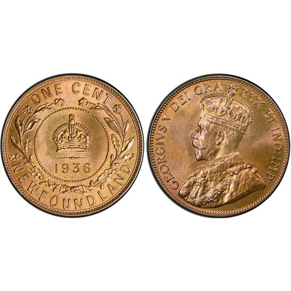 Nfld 1936 1¢ PCGS Superb Gem SPECIMEN-66RB 90% RED. Full mirror appeal with displaying gem red colou