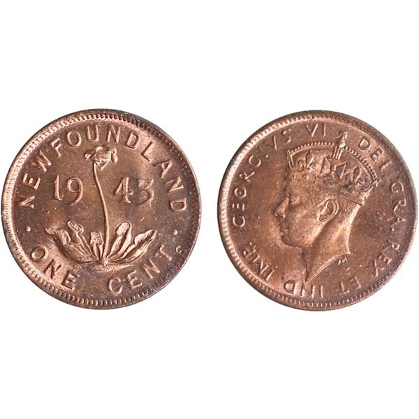 Nfld 1943-C 1¢ ICCS Gem Mint State-65 Red, Best example seen and handled by TCNC to date.  Excessive