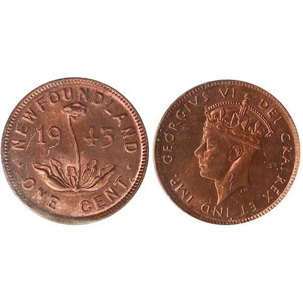 Nfld 1943C 1¢ ICCS Choice Mint State-64 Red  A very nice and lustrous example.