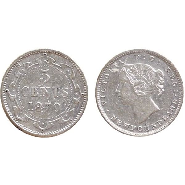 Nfld 1870 5¢ Obv.1 ICCS Extra Fine-40,  seldom offered.