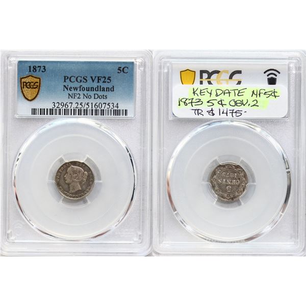 Nfld 1873 5¢ "Obv.2" PCGS Choice Very Fine-25.  Scarce obverse type.
