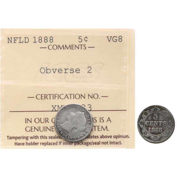Nfld 1888 5¢ "Obv.2" ICCS Very Good-8.  Rare obverse type.