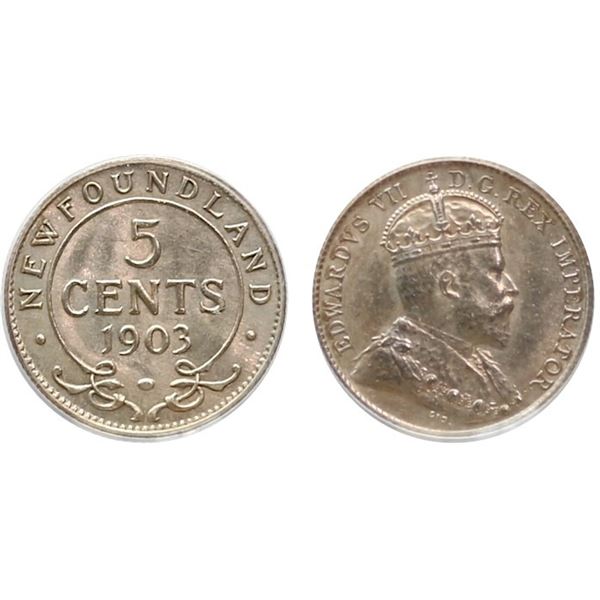 Nfld 1903 5¢ PCGS Choice Mint State-63 Touch of gold otherwise brilliant and lustrous.