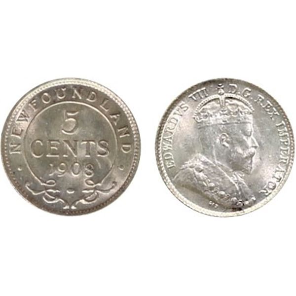 Nfld 1908 5¢ ICCS Gem Mint State-65.  A great example with superb eye appeal.