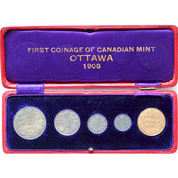 1908 Specimen Matte Set. Spectacular 5 coins set. The Cent is Red, while the silver coins have devel