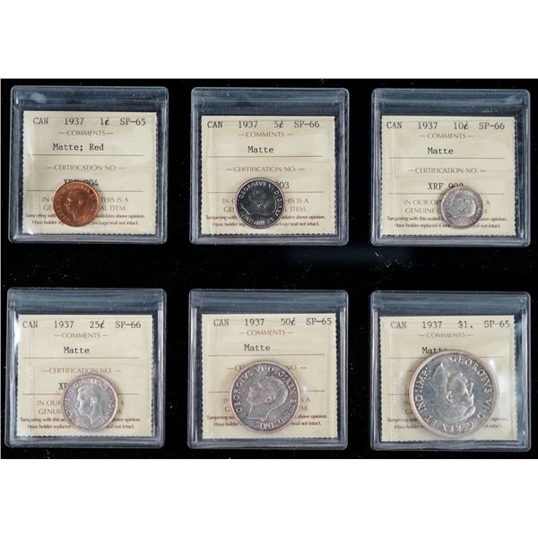 1937 SPECIMEN "MATTE" SET; A superb and complete 6 coin set.  All ICCS graded Gem Mint State -65 to 