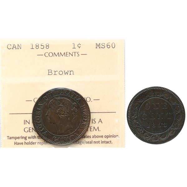 1858 1¢ ICCS Mint State-60 Lustrous brown