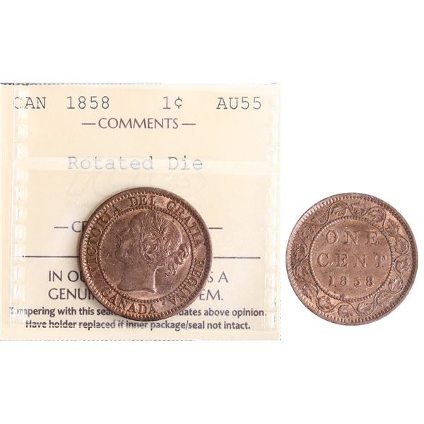 1858 1¢ ICCS Choice About Uncirculated-55, Designated as Rotated Die (20% Rotation), hints of red.