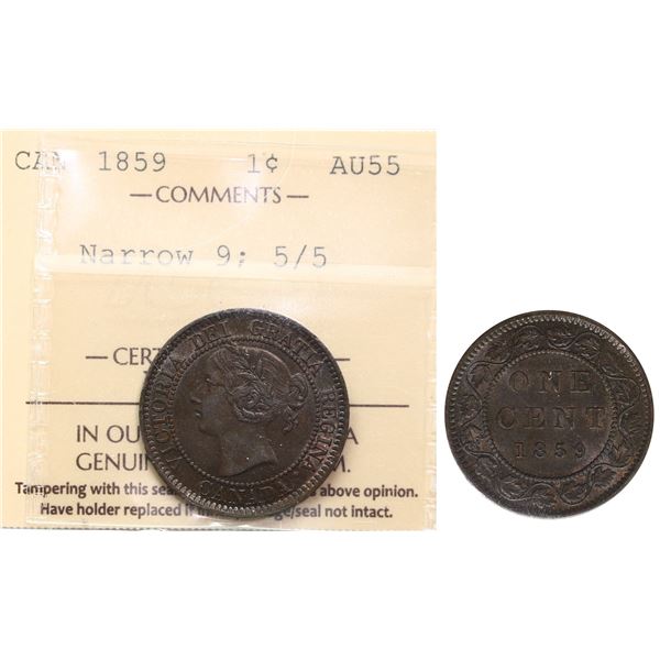 1859 1¢ "Narrow - 5/5" ICCS Choice About Uncirculated-55.  Interesting variety.