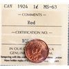 Image 2 : 1924 1¢ ICCS Choice Mint State-63 Red 95% full lustre.  A very appealing and attractive example.
