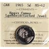 Image 2 : 1965 5¢ "Large Beads; Attached Jewel ICCS Choice Mint State-62 Heavy Cameo.  Scarce variety.