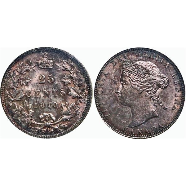1870 25¢ Obv 1 ICCS Gem Mint State-65.  A superb gem example displaying an array of silver and mauve