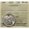 Image 2 : 1933 25¢ ICCS Gem Mint State-65.  Gem lustrous full white issue.