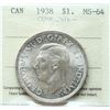 Image 2 : 1938 $1 ICCS Choice Mint State-64.  Lustrous example with light orange tints.