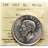Image 2 : 1947 $1 "Blunt" ICCS Choice Mint State-64 Lustrous white example.