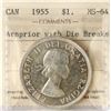 Image 2 : 1955 $1 "Arnprior with Die Break" ICCS Choice Mint State-64 Brilliant and lustrous.