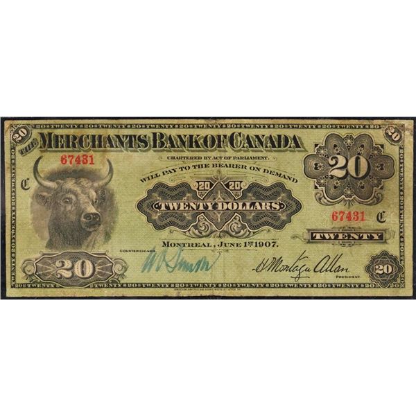The Merchants Bank of Canada;  1907 $20 #67431 CH-460-16-06, WMG Choice Very Fine-25.  View and Bid 