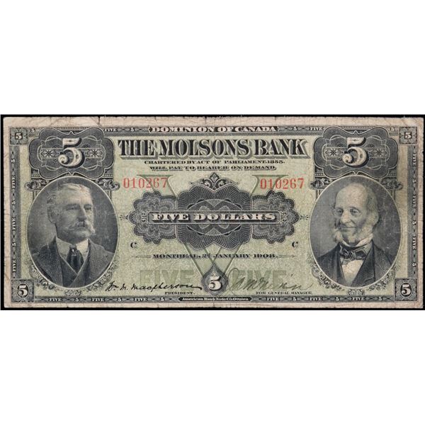 The Molsons Bank 1908 $5 #010267 CH-490-30-02 Legacy Currency Grading Choice Fine-15 minor tear