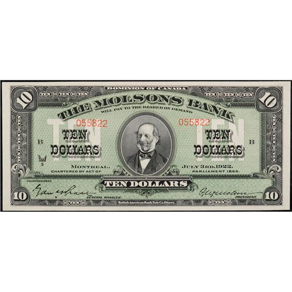 The Molsons Bank 1922 $10 #055822 CH-490-40-04 PCGS Choice Uncirculated-64
