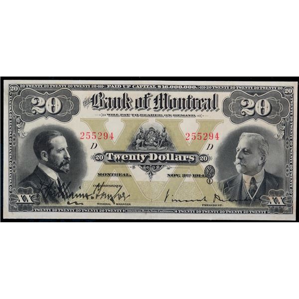 The Bank of Montreal 1914 $20 255294 CH-505-54-12 Legacy Currency Grading Choice Uncirculated-63.  A
