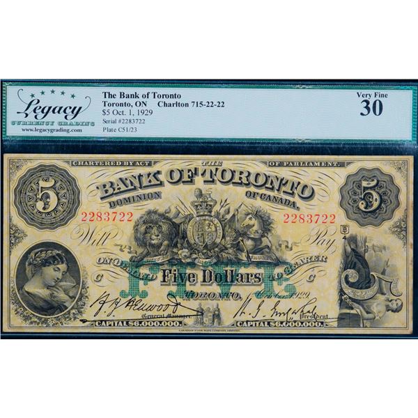 The Bank of Toronto 1923 $10 #1076060 CH-715-22-42 Legacy Currency Grading Choice Very Fine-30