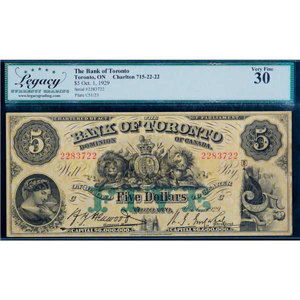 The Bank of Toronto 1929 $5 #2283722 CH-715-22-22 Legacy Currency Grading Choice Very Fine-30