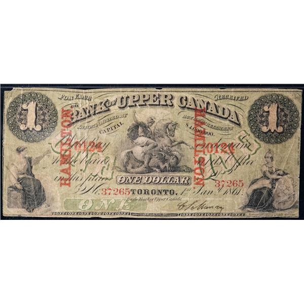 Bank of Upper Canada 1861 $1 #37265 " RED O/P - HAMILTON" - 0124 CH-770-22-06-02a PMG Choice Fine-15