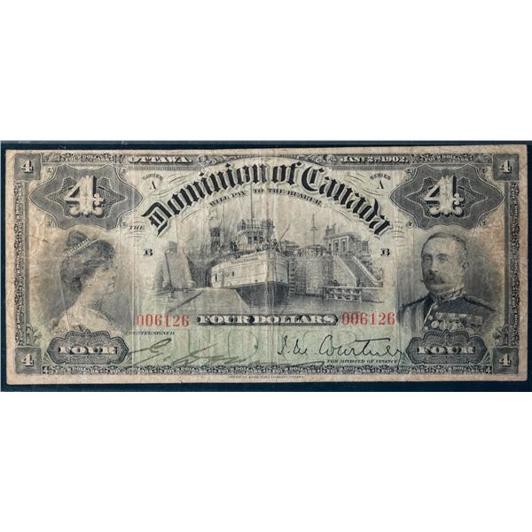 1902 $4 DC-17a #006126 PMG Choice Fine-15.  A nice example of this rare variety. Nice eye appeal and