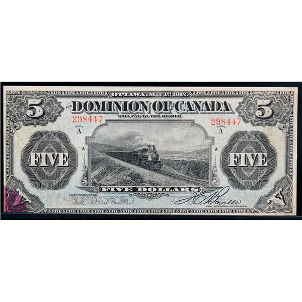 1912 $5 DC-21a 298447 ¨Series A¨ F-VF with red stain at lower left corner.  A scarcer variety!