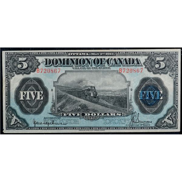 1912 $5 DC-21e #B720867 "Seal Over Five" BCS Very Fine-20 minor issues.  A superb example of this ve