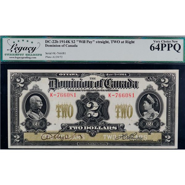 1914 $2 DC-22b #K-766081 "Will Pay straight - TWO at Right"  Legacy Currency Grading Choice Uncircul