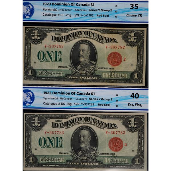 1923 $1 DC-25g #Y-367782-83 Consecutive numbered Pair, both WMG Choice Very Fine-35 & Extra Fine-40 