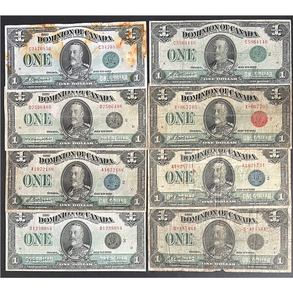 1923 $1's , group of 8 notes with various seals and check letters.  VG to VF, one note with stains.