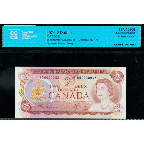 Low Number;  1974 $2 BC-47a #BD0000043, CCCS Choice Uncirculated-64.