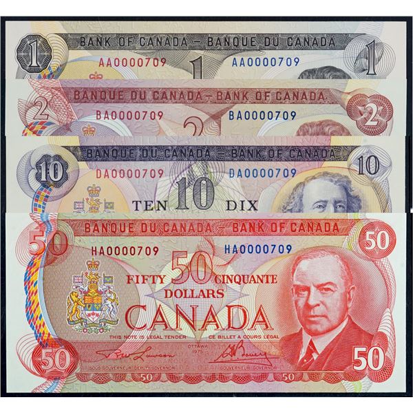 Low Number; Partial set 1971-1975 $1, $2, $10, $50 0000709 All 4 notes Legacy Currency Grading Choic